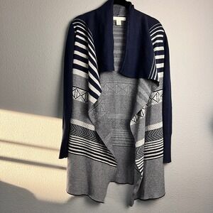 Kaisely Mixed Media XS Blue White Striped Geometric Cotton Open Front Cardigan